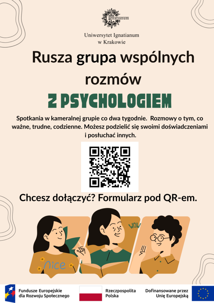 Plakat informujący o grupie dyskusyjnej z kodem QR