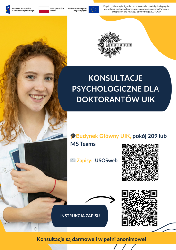 Plakat informujący doktorantów o zapisach na indywidualne konsultacje psychologiczne.  
