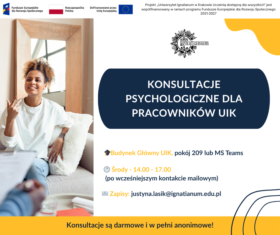 Plakat informujący pracowników o możliwości zapisania się na indywidualne konsultacje psychologiczne.