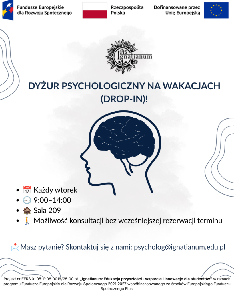 Drop in - konsultacje indywidualne na wakacjach Plakat informujący o dyżurze psychologicznym podczas wakacji.