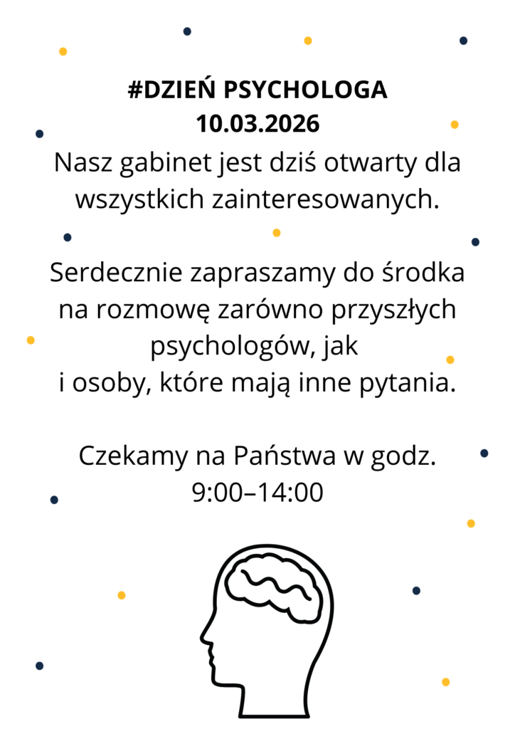Plakat informujący o dniu otwartym w gabinecie psychologicznym z okazji Dnia Psychologa.