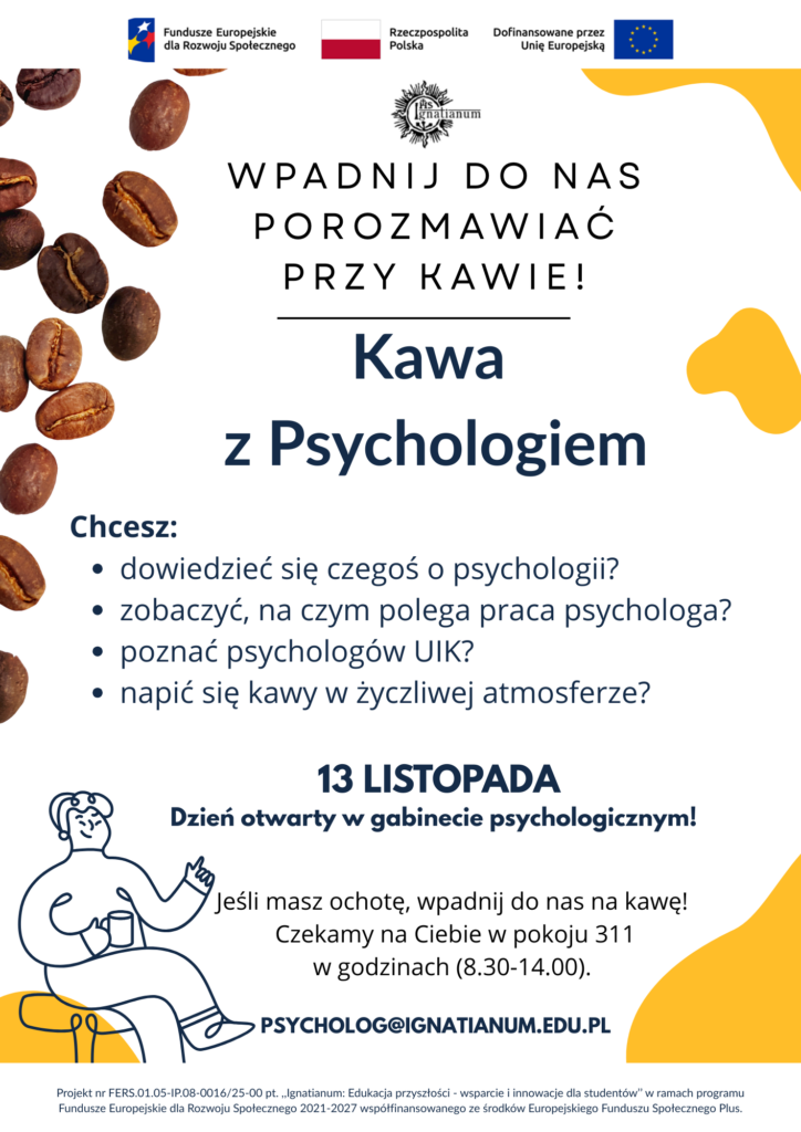 Plakat informujący o wydarzeniu ,,Kawa z psychologiem".
