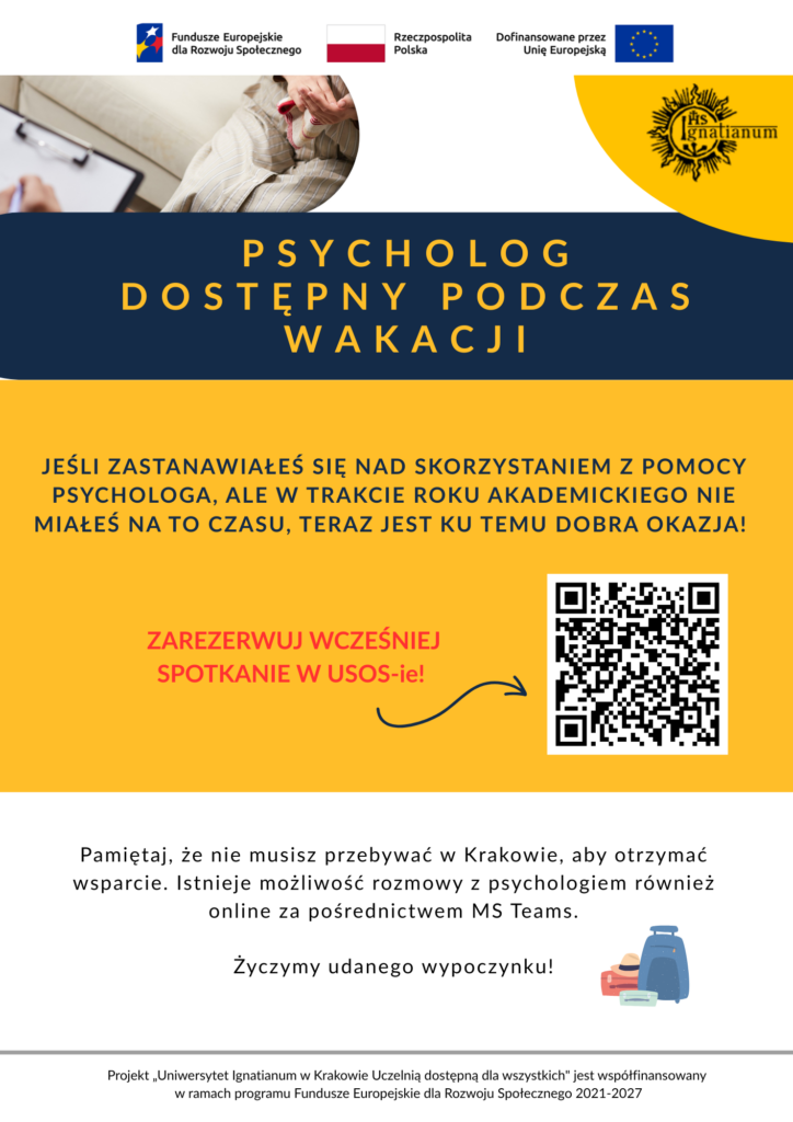 Plakat informujący o możliwości skorzystania z konsultacji indywidualnych udzielanych przez psychologa podczas wakacji.